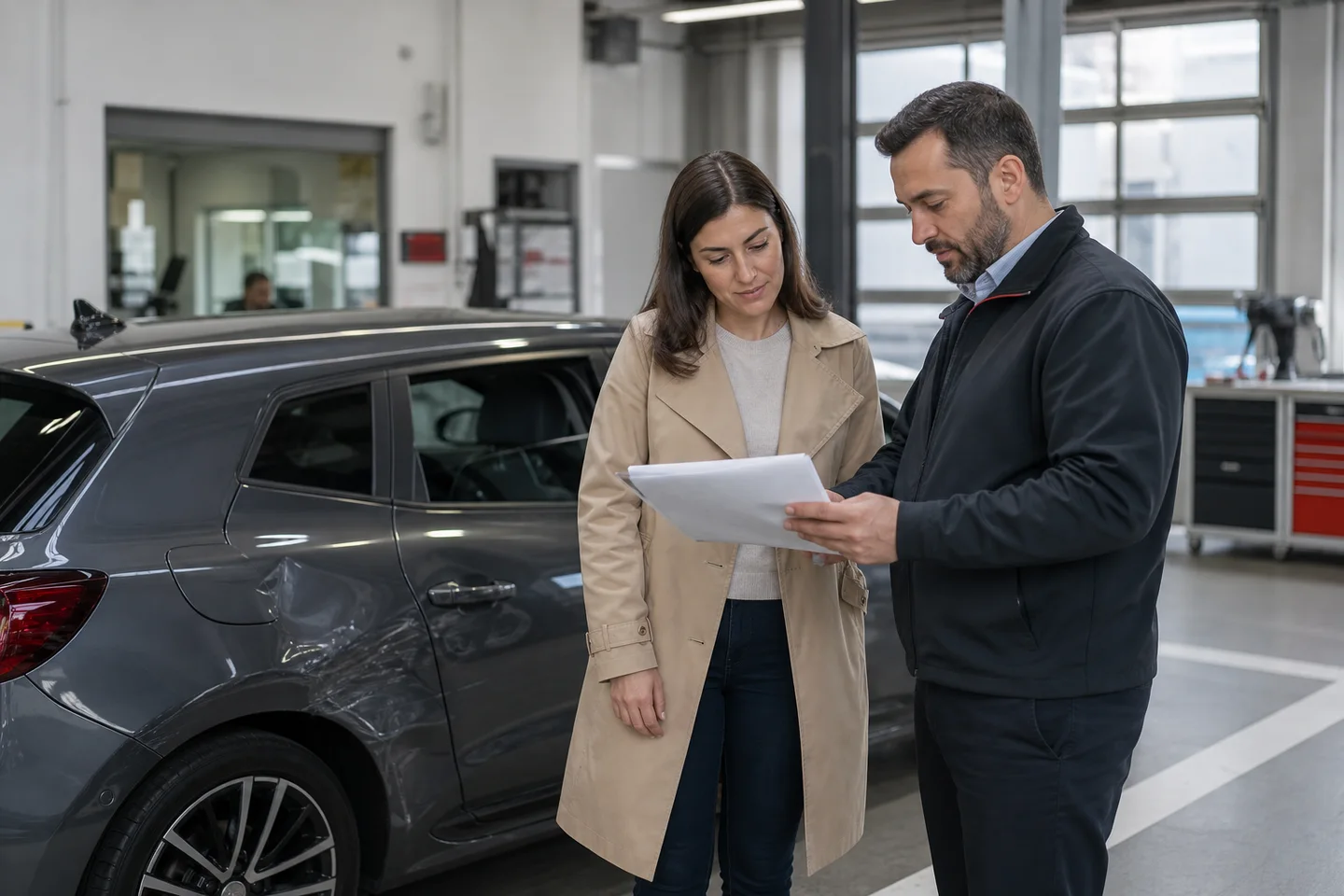 Evaluator auto explicând unei cliente documentele dosarului de daună
